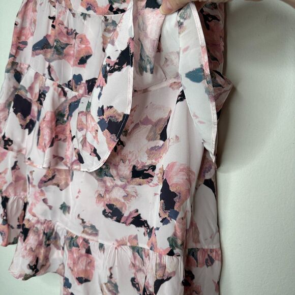 Iro Floral Light Pink Abstract Daring Wrap Flowy Layered Ruffled Mini Skirt 40 - Picture 11 of 16